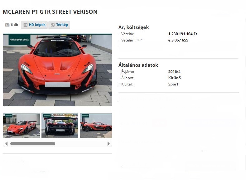 Több mint 1,2 milliárd forintért eladó itthon egy McLaren
