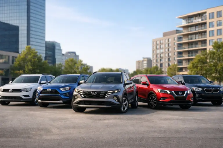 AI generált tartalom. Modern városi környezetben egymás mellett parkoló népszerű SUV modellek, minimalista háttérrel és letisztult kompozícióban