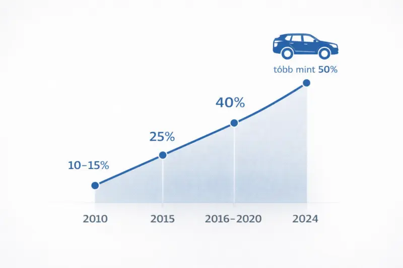 Minimalista kék színű grafikon az SUV-k európai piaci részesedésének növekedéséről 2010 és 2024 között, százalékos értékekkel és SUV piktogrammal