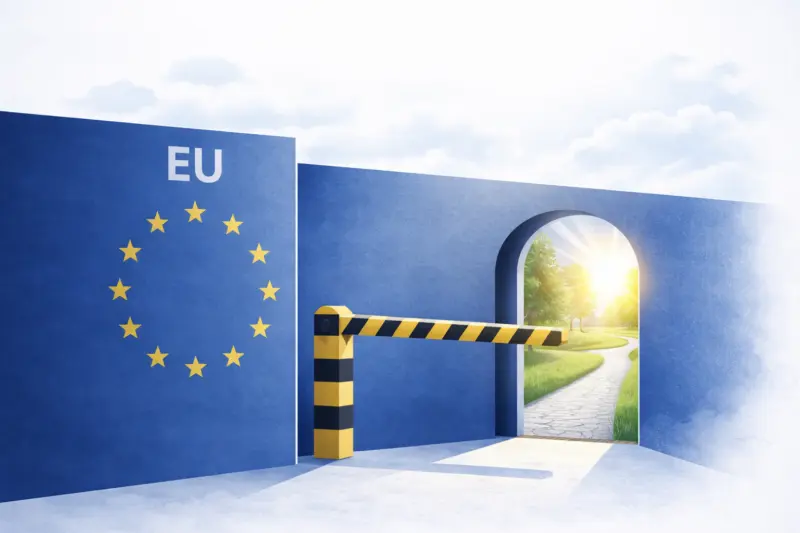 AI generált illusztráció. Minimalista illusztráció az EU-szabályozás kiskapujáról: kék fal EU csillagokkal, nyitott átjáró és korlát mögött napfényes út látható
