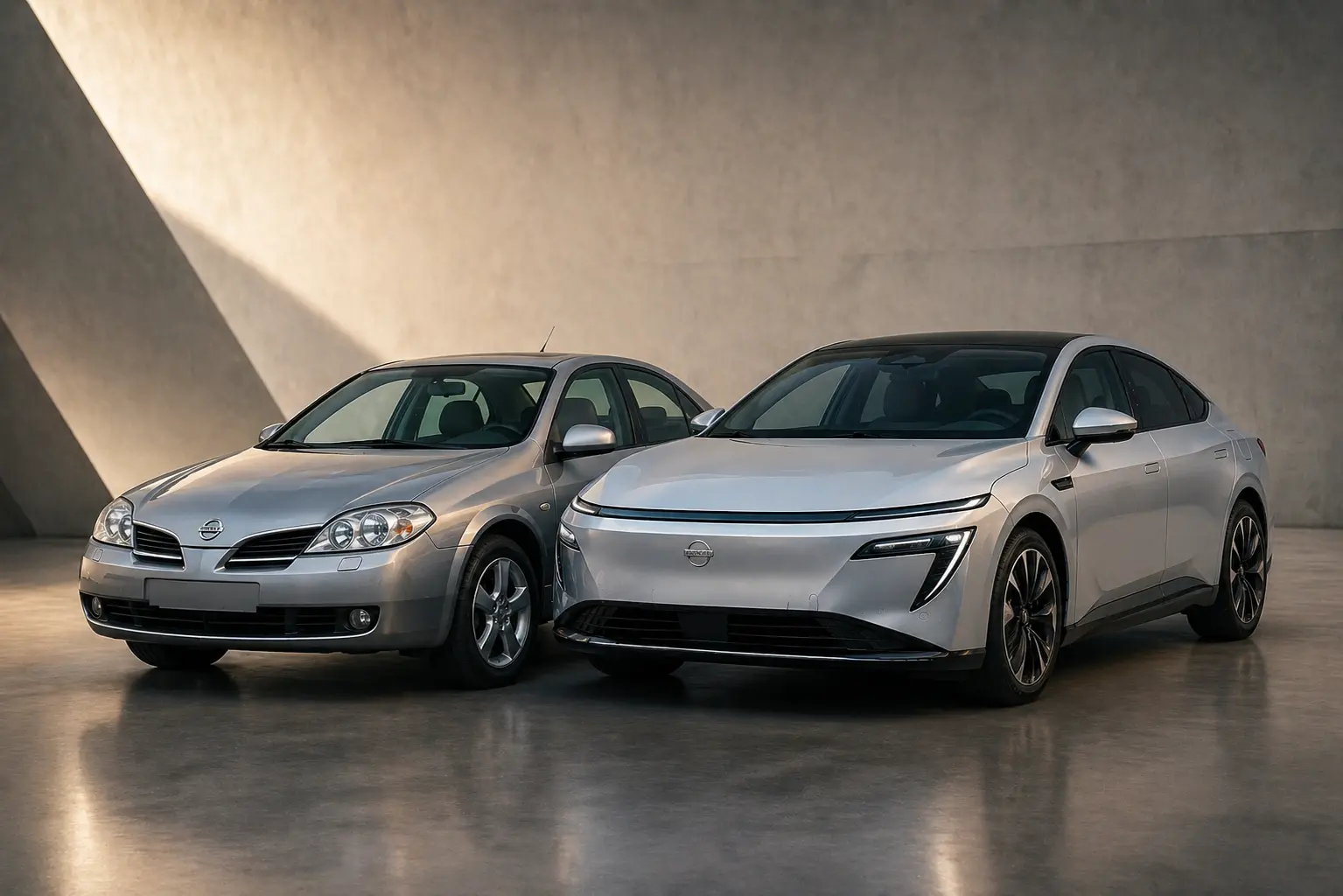 AI generált tartalom, illusztráció a legutolsó generációs Nissan Primera és a Dongfeng Nissan N7 modellről.