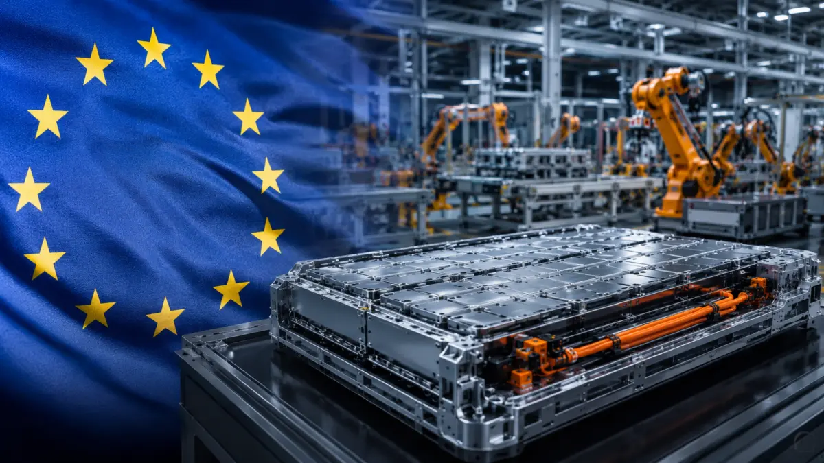 AI generált tartalom EU zászlóval és egy akkumlátor gyár gyártósoráról.