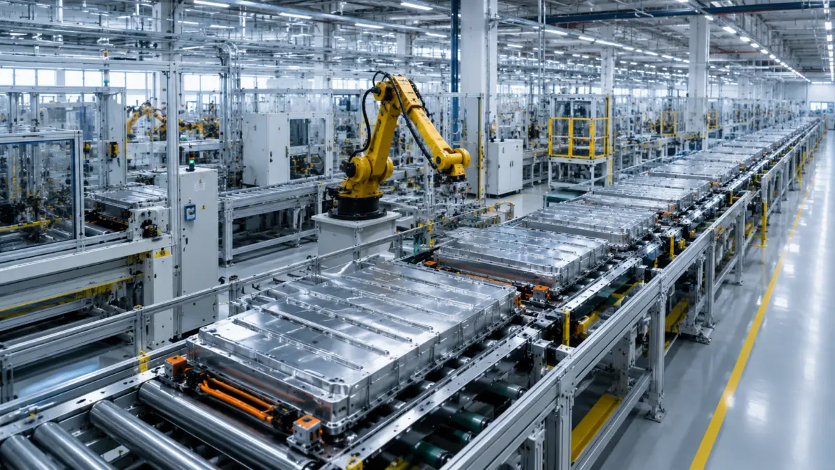 AI generált tartalom egy elektromos akkumulátorgyár gyártósoráról.